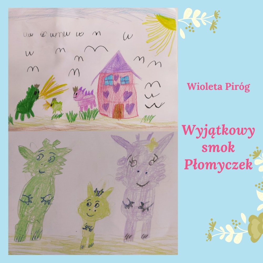 Ilustracja smoka Płomyczka w wykonaniu dzieci na zajęciach biblioterapeutycznych